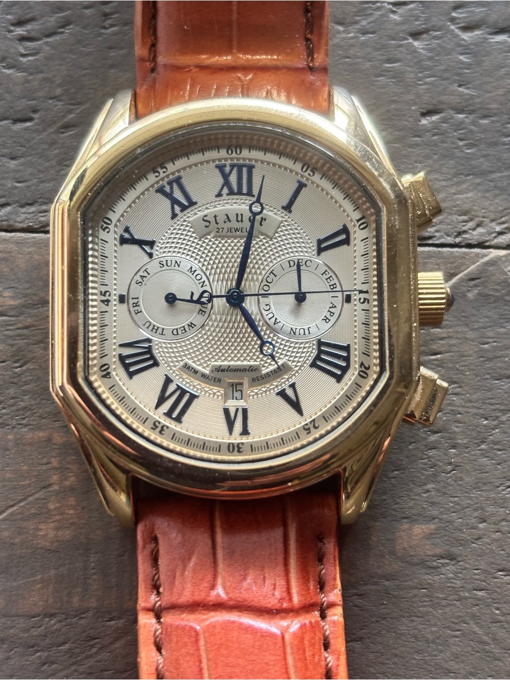 Stauer Automatic 27 Jewels Gold Case Brown Leather Strap Roman Numerals Watch
